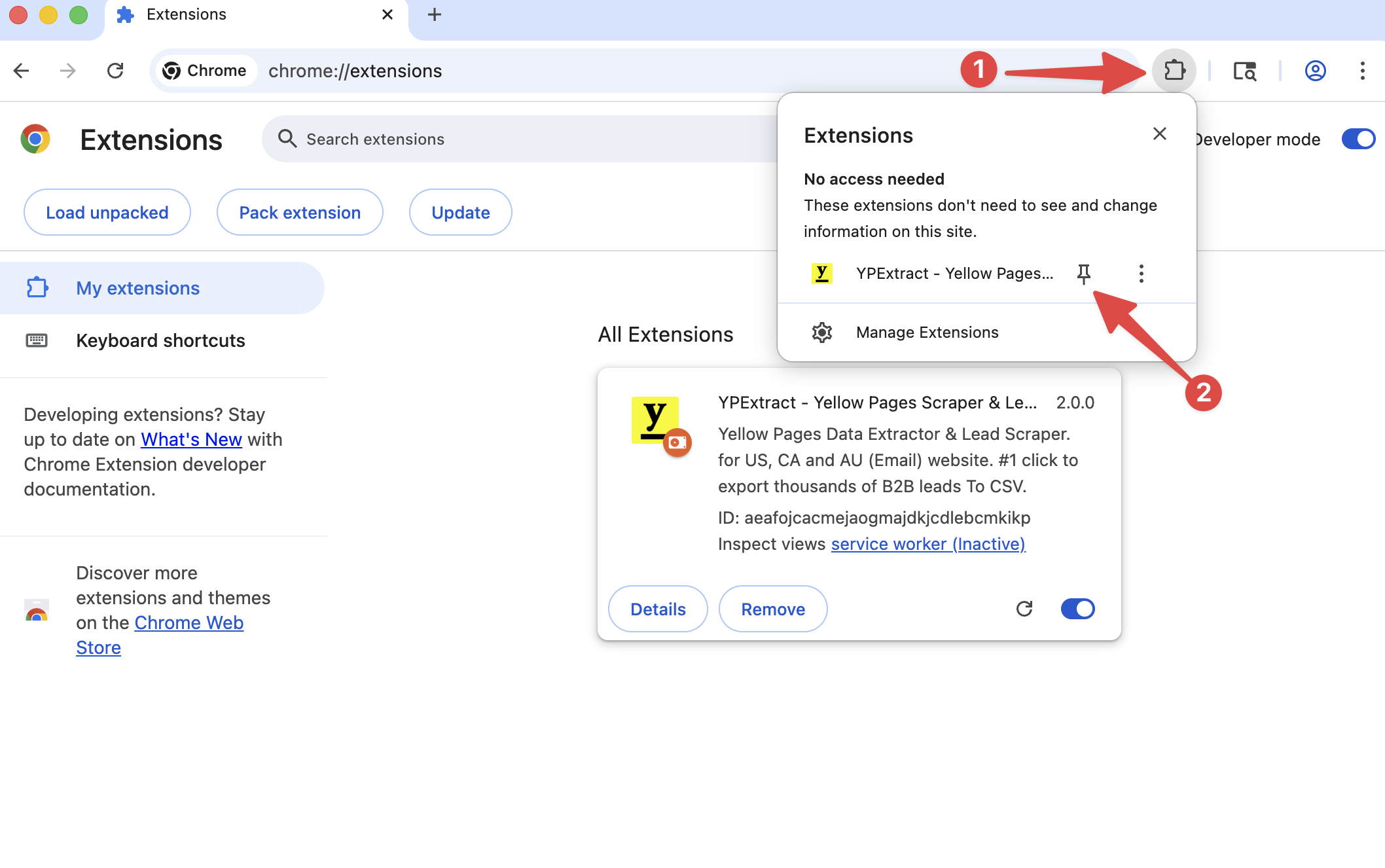 Yellow Pages Extractor chrome extension install pin